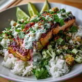 Crisp cucumber and edamame salsa adds a fresh, crunchy contrast to the tender salmon in this vibrant bang bang salmon bowl, garnished with cilantro and lime.