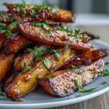 Honey roasted carrots and parsnips with golden caramelized edges, served on a rustic platter with fresh thyme sprigs.  