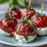 Fresh Caprese skewers with pesto drizzle, featuring juicy cherry tomatoes, creamy mozzarella, and fragrant basil on wooden sticks.