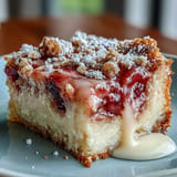 Creamy custard filling layered over tangy rhubarb and crisp shortbread, a delightful vegetarian treat.  
