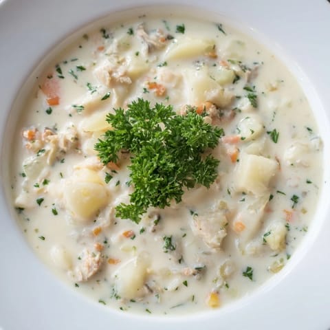 This warm and hearty Clam Chowder features chunky potatoes and tender clams, ready to be enjoyed.