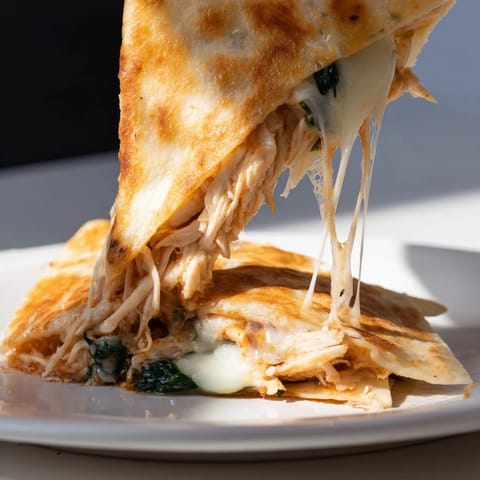 Freshly grilled Chicken and Spinach Quesadilla with steaming cheese, served beside zesty salsa and sour cream.  