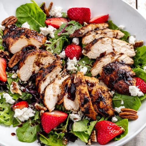 Grilled chicken slices rest on a bed of mixed greens, topped with fresh sliced strawberries and crumbled feta cheese in this Strawberry Balsamic Chicken Salad.