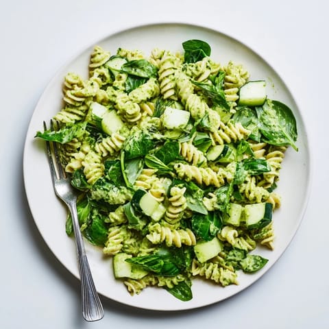 Bright green creamy dressing coats the pasta and crisp diced cucumbers in this vibrant Green Goddess Pasta Salad served in a rustic bowl.