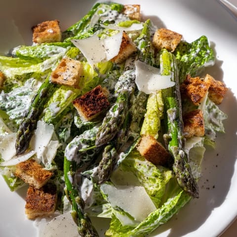Freshly roasted asparagus spears are layered over crisp romaine, dressed with tangy yogurt Caesar, and topped with golden, crunchy croutons.