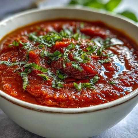 Creamy Tomato and Basil Soup simmered with onions and garlic, finished with a fresh basil garnish and olive oil.