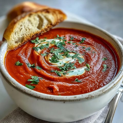 Vibrant roasted red pepper soup in a white bowl, garnished with fresh cilantro and a swirl of crème fraîche for a creamy finish.  