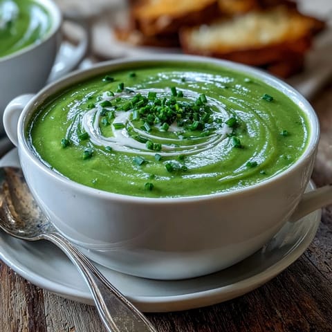 A close-up of creamy broccoli soup in a white bowl, garnished with a swirl of cream and fresh chives for a vibrant green finish.