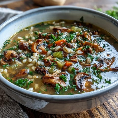A steaming bowl of Mushroom and Barley Soup, garnished with fresh parsley, sitting on a rustic wooden table for a cozy, hearty meal.