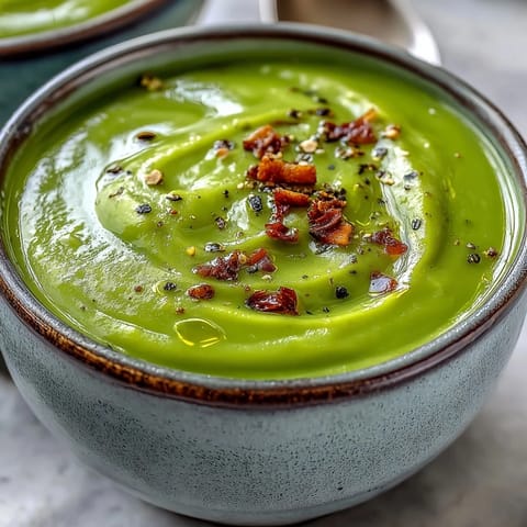 Close-up of golden Split Pea Soup, garnished with fresh thyme and black pepper in a cozy bowl.