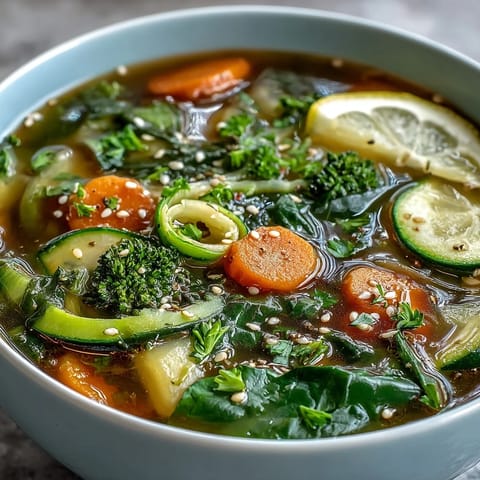 Golden turmeric-infused broth with tender vegetables and zucchini in a nourishing collagen-rich bowl. 