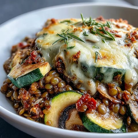 A hearty scoop of Green Lentil and Vegetable Casserole reveals tender lentils, carrots, and wilted spinach on a plate.