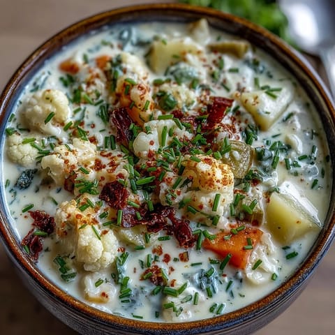Creamy vegetarian cauliflower chowder served hot with fresh chives and shredded cheese garnish.
