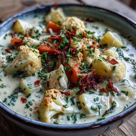 Hearty vegetarian cauliflower chowder simmered with potatoes and carrots, ideal for cozy dinners.