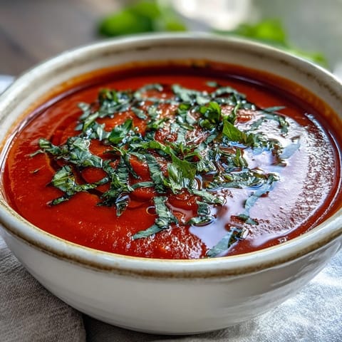 Steaming tomato and basil soup in a rustic bowl, highlighting the vibrant red color and silky texture from freshly blended tomatoes.