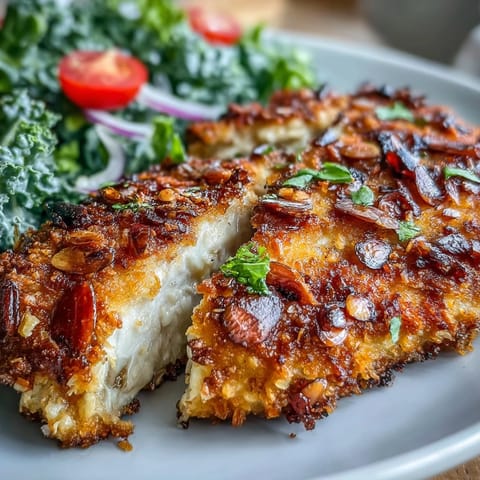 Golden, crunchy almond-crusted chicken breasts are served warm alongside a vibrant marinated kale and sumac salad for a wholesome meal.