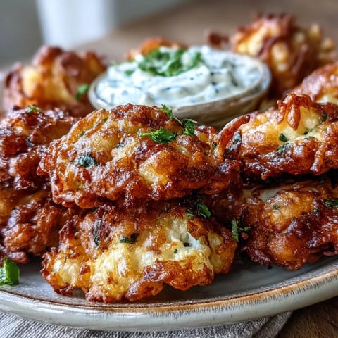 Bowl of spiced Cauliflower Bhajis with a cooling yogurt dip, perfect for an Indian appetizer.