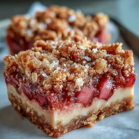 Homemade Rhubarb and Custard Crumble Bars with golden oat topping, perfect for spring dessert platters.