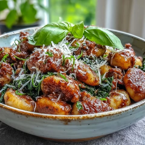 Steaming Sausage Gnocchi with kale in a rich red sauce, ready to serve for a cozy Italian-inspired dinner.