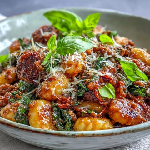 Bowl of Sausage Gnocchi featuring tender dumplings, wilted greens, and spicy crumbled sausage, topped with Parmesan.