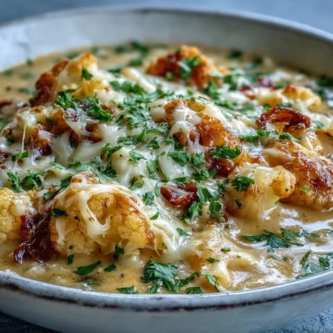 Creamy Vegetarian Cauliflower Chowder with melted cheddar and fresh parsley garnish in a rustic bowl.