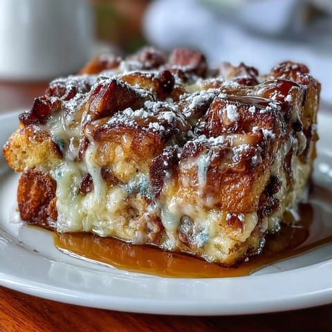 Golden baked Monte Cristo breakfast casserole with bubbling cheese in a white baking dish