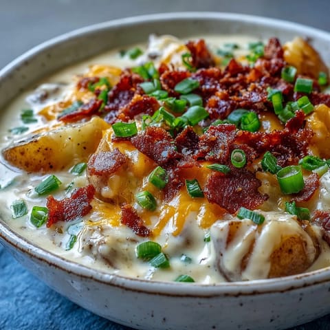 Creamy Loaded Potato Soup served hot in a rustic bowl, topped with crispy bacon crumbles, melted cheddar, and fresh green onions.  