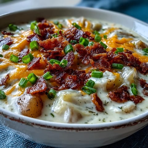 A hearty bowl of Loaded Potato Soup with velvety texture, garnished with sour cream, extra cheese, and a sprinkle of paprika.  