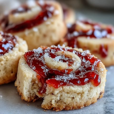 Golden Raspberry Swirl Shortbread Cookies, with jam-filled centers and buttery crumbly edges, arranged on a rustic wooden table.