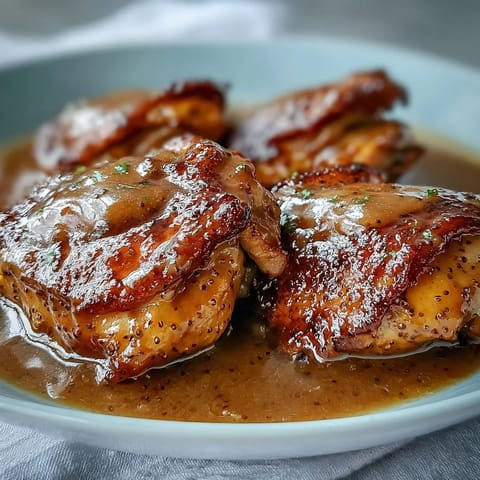 Tender chicken breasts in a glossy honey mustard sauce, garnished with parsley beside fluffy mashed potatoes.  