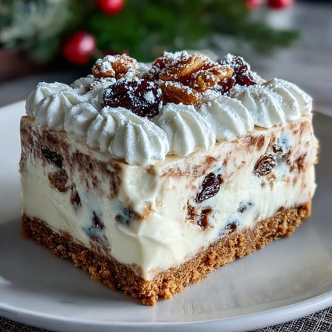 Perfectly sliced Christmas Cheesecake Slab topped with fluffy whipped cream and snowy icing sugar, ready for festive dessert platters.