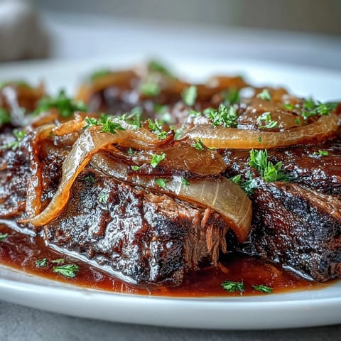 Savory Crock Pot French Onion Pot Roast with tender beef, caramelized onions, and melted Gruyere cheese.