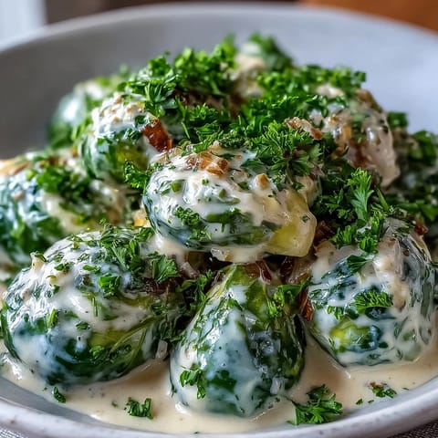 Roasted Brussels Sprouts in Cream Cheese-Mustard Sauce are garnished with fresh parsley and served warm.