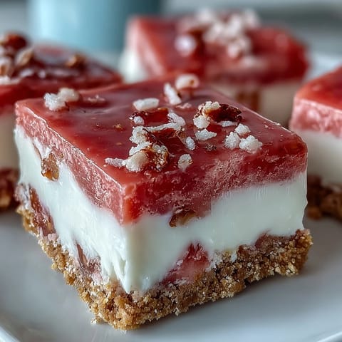 Vibrant pink No-Bake Strawberry Fudge Squares topped with a fresh strawberry slice on a rustic wooden board.
