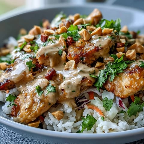 Warm coconut rice and sautéed chicken create a hearty base for this vibrant Peanut Chicken Protein Bowl, topped with crisp red cabbage and carrots.  