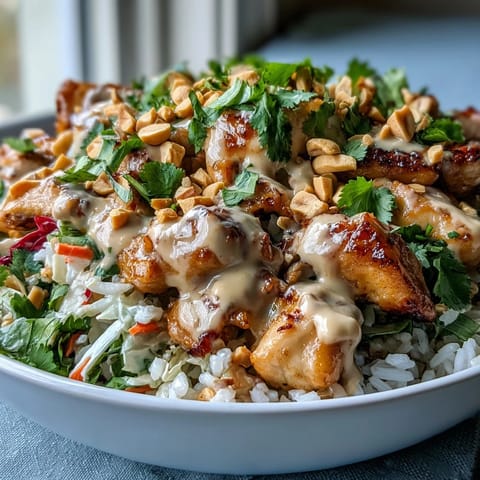 A close-up of creamy peanut sauce drizzled over succulent chicken and fresh veggies in a colorful Thai-inspired meal prep bowl.  