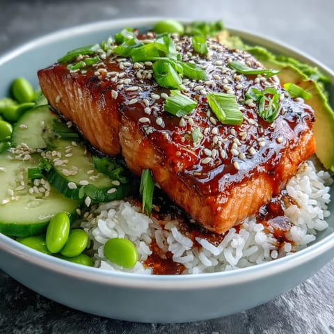 Golden honey sriracha glazed salmon sits atop fluffy jasmine rice, topped with creamy avocado, crisp cucumber, and edamame.
