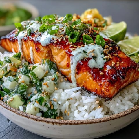 Flaky baked salmon rests on jasmine rice, topped with vibrant cucumber-edamame salsa and drizzled with creamy bang bang sauce.
