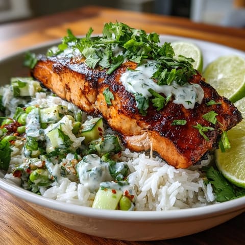 Flaky baked salmon rests on a bed of fluffy jasmine rice, drizzled with creamy bang bang sauce and topped with a bright cucumber-edamame salsa.