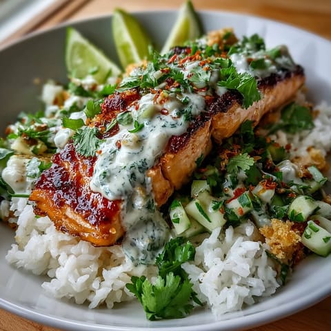Crisp cucumber and edamame salsa adds a fresh, crunchy contrast to the tender salmon in this vibrant bang bang salmon bowl, garnished with cilantro and lime.