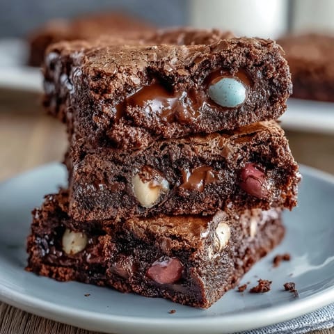 Cadbury Egg Chocolate Brownies with Crumbled Top: Fudgy brownies loaded with Cadbury mini eggs and topped with a crunchy chocolate crumble.