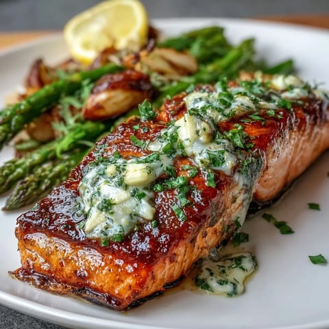 Vibrant garlic butter salmon with asparagus, roasted to perfection and drizzled with fragrant lemon sauce.