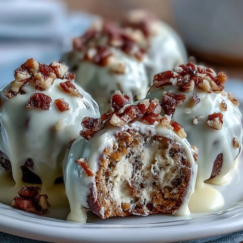 Creamy carrot cake truffles enrobed in tangy cream cheese coating, topped with chopped nuts for a delightful treat.  