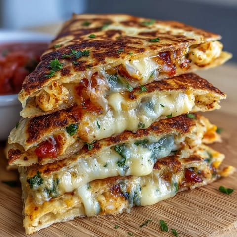Cheesy mini quesadilla triangles with bell peppers and spinach, cut into wedges and paired with zesty salsa.