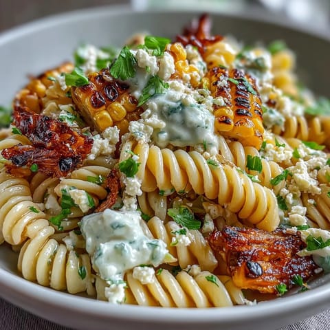 Mexican Street Corn Elote Pasta Salad with charred corn and cotija cheese in a creamy lime dressing.