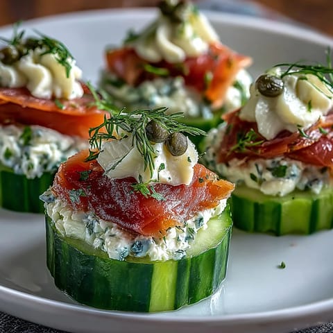 Crisp cucumber rounds topped with creamy dill-infused cream cheese and smoked salmon for a refreshing appetizer.