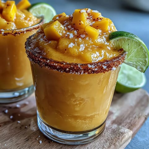 Vibrant frozen mango margarita mocktail in salt-rimmed glass with lime wedge and mango slice garnish.