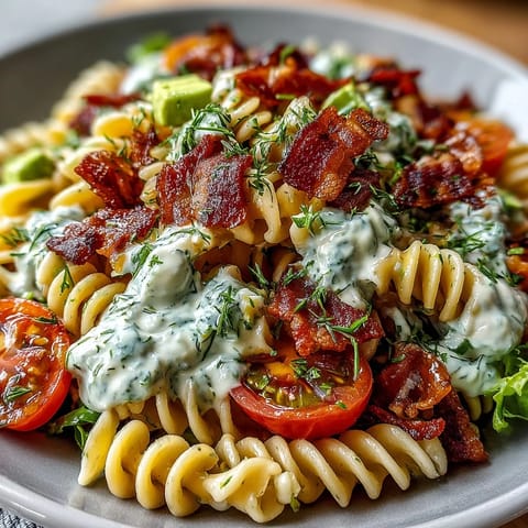 A vibrant summer BLT pasta with avocado ranch dressing, topped with crispy bacon and fresh cherry tomatoes.  