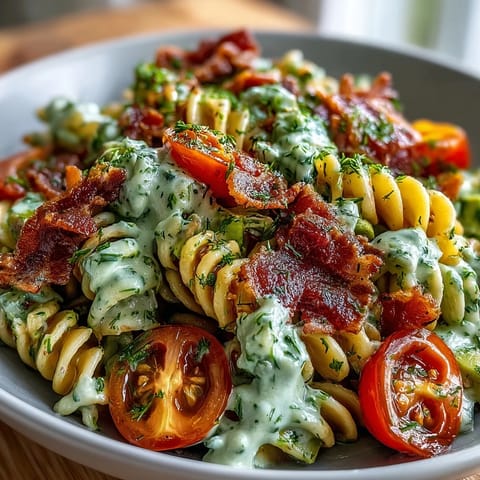 Creamy avocado ranch coats every bite of this BLT pasta salad, bursting with crisp lettuce and smoky bacon.  