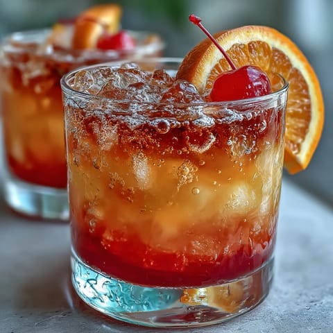 Vibrant ombre sunrise mocktail with grenadine, citrus juices, and sparkling water, garnished with orange slice and cherry.